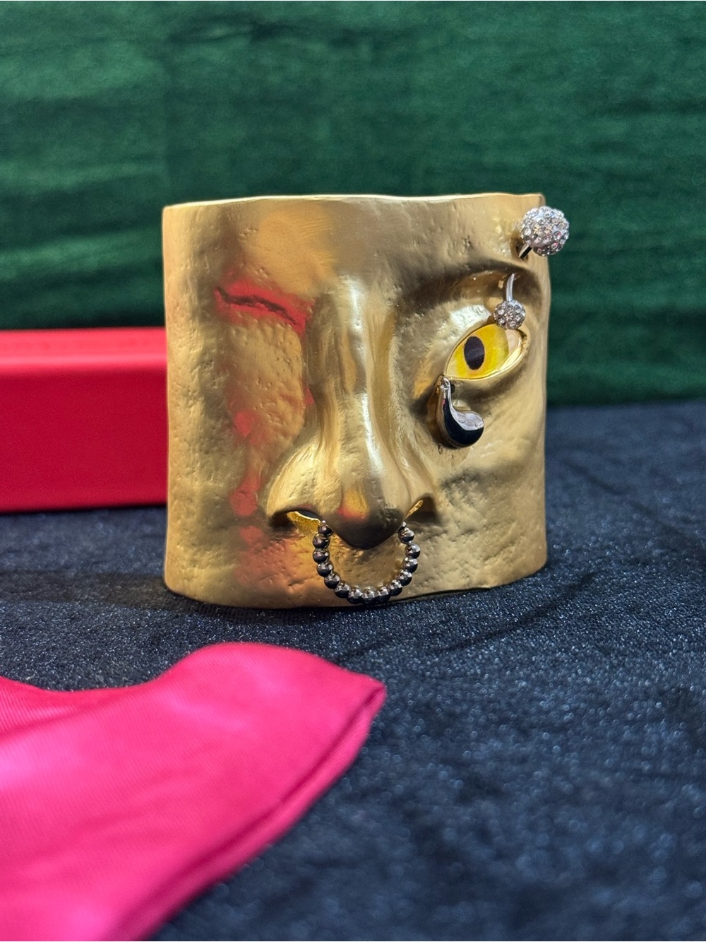 Schiaparelli inspired Gold Face Cuff Bracelet with Yellow Eye Nose Ring Accent